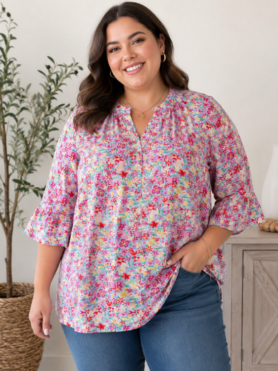 Dear Scarlett Tops - Dear Scarlett - Plus Size Lavender Floral Lizzy Top with Ruffle Sleeve - 3X